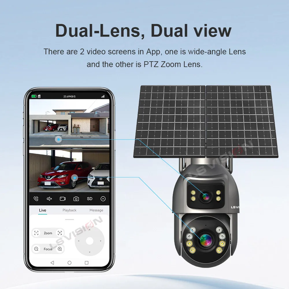 LS VISION 8MP 20X Optical Zoom 4G Dual Screen AOV Solar Camera Outdoor 4K 24/7 Recording 50m Detection Distance Security Cameras