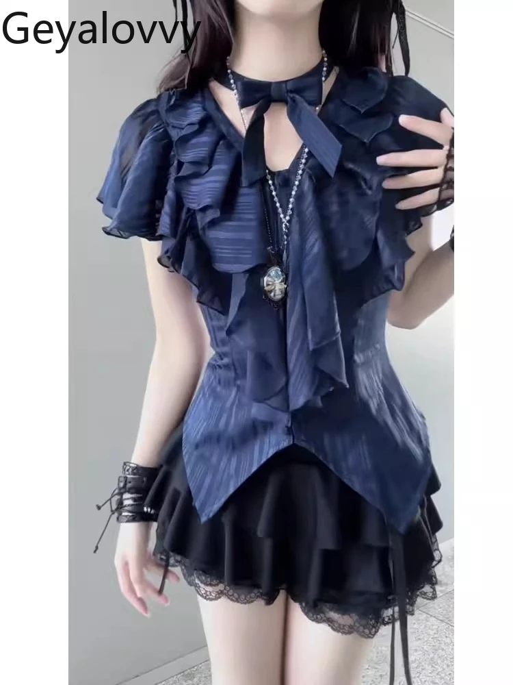 

Японская готическая темная стильная полосатая рубашка с короткими рукавами, топы с v-образным вырезом, облегающая короткая юбка с рюшами по подолу, универсальный комплект для милых девочек