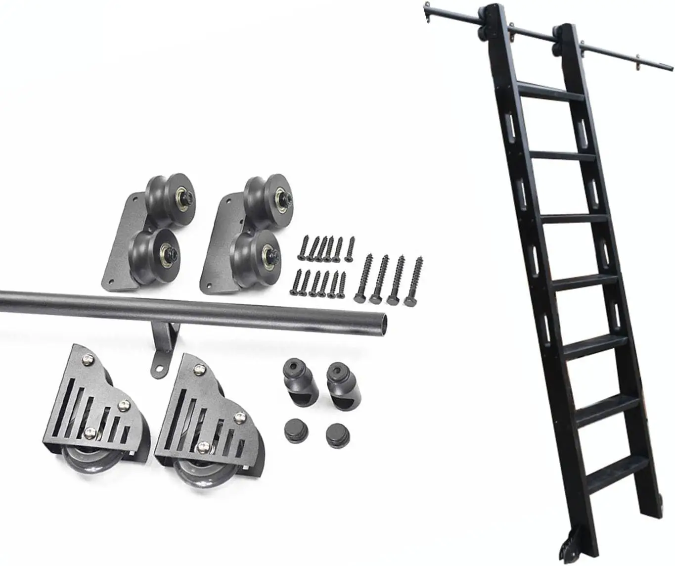 3-20Ft Black Sliding Barn Door Kit - Sliding Ladder Library Complete Hardware Rolling Rail Set With Floorers(With Ladder),