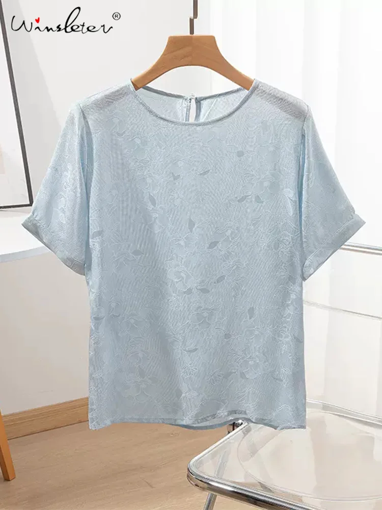 

Winsleter, 100%Real Silk Short Sleeve T-Shirt, Woman O Neck Jacquard, Elegant Loose Basic Thin Top, 2024 Summer Autumn T469112QM