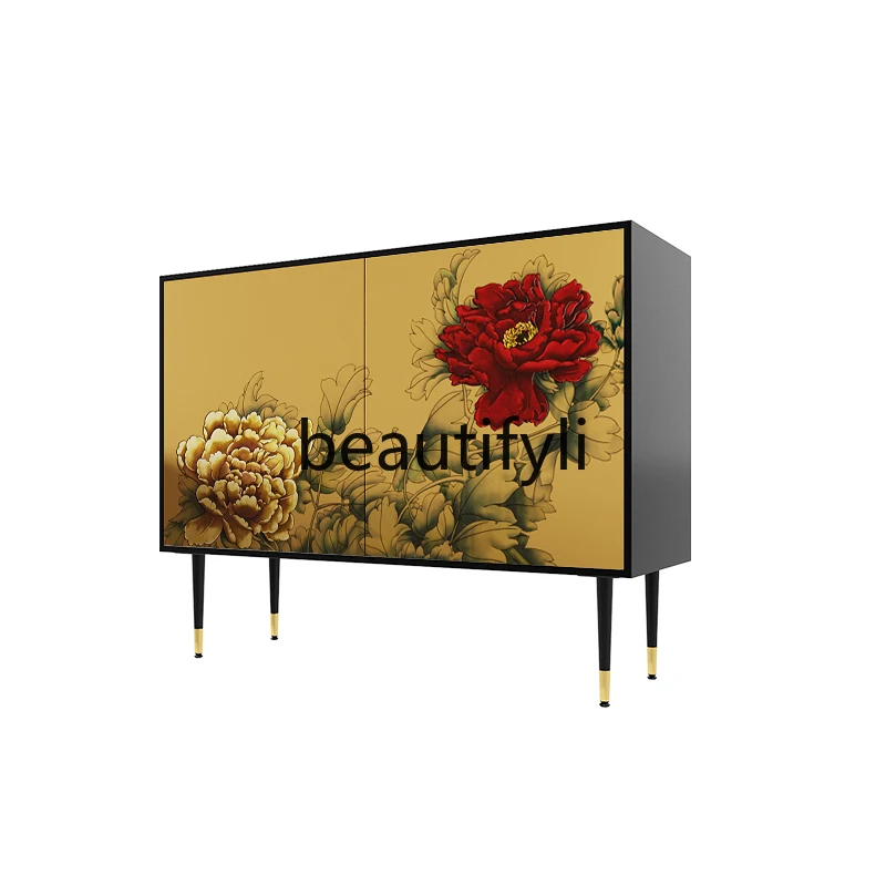 New Chinese-style solid wood porch cabinet, living room peony painted side cabinet, national style storage storage