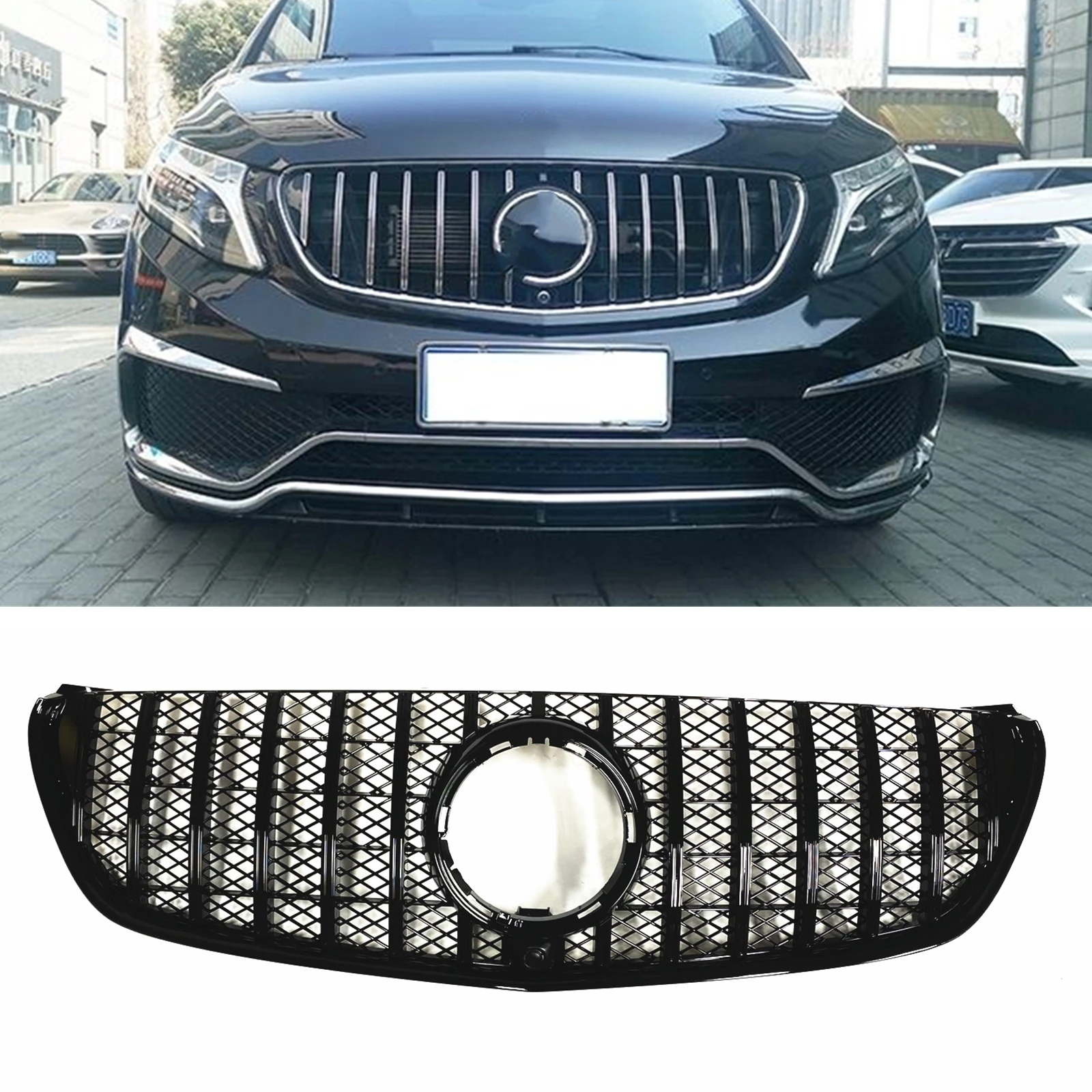 

Front Grille Grill For Mercedes Benz W447 V CLASS 2016-2021 GT R Style Black/Silver Car Upper Bumper Hood Mesh With Camera Hole