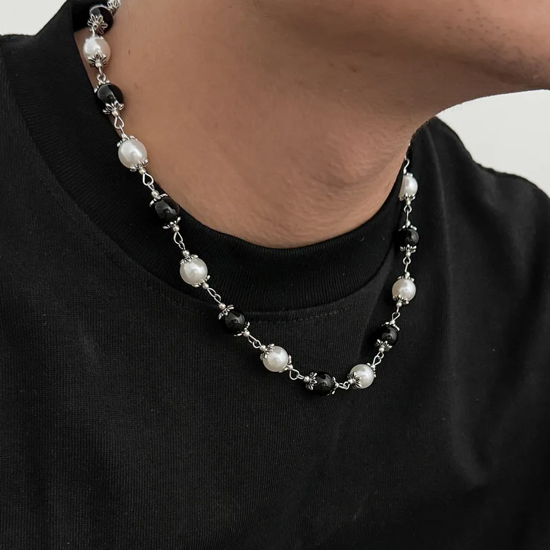 Handcrafted Silver Tone Multicolor Pearl Beaded Chain Mens Street Style Neck Accessory For Casual Daily Matching Outfits