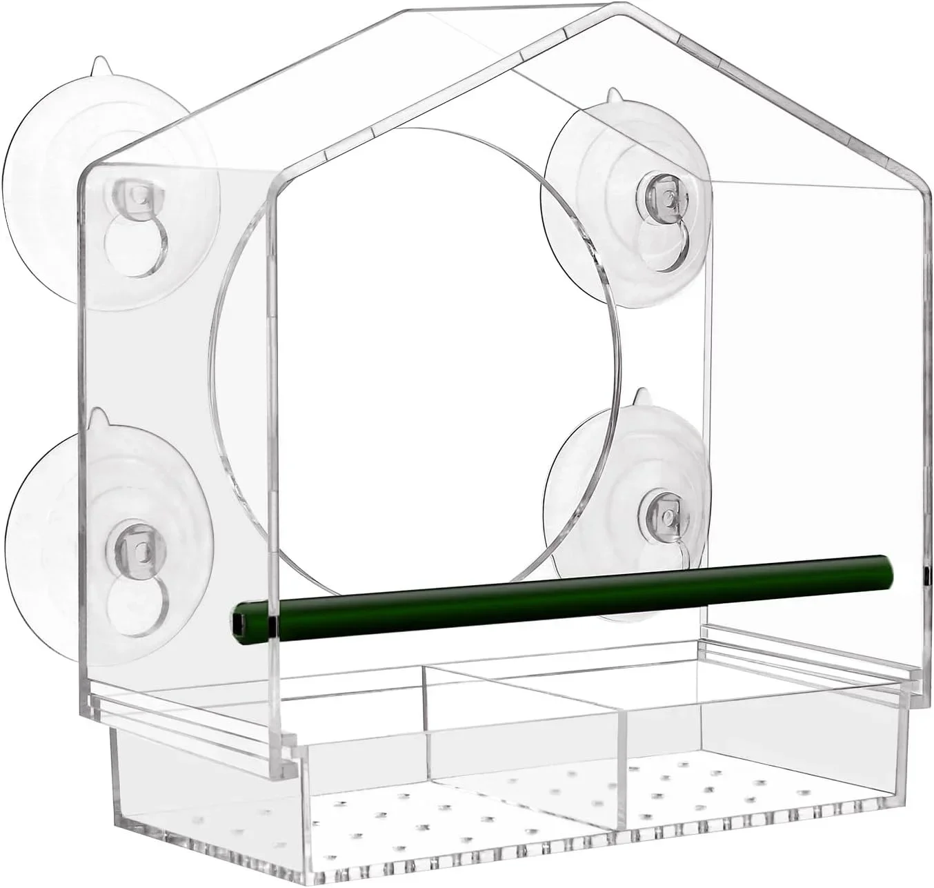 Acrylic Window Bird Feeder with 4 Strong Suction Cups, Clear and Transparent Bird House, Removable Food Tray with Drain Holes