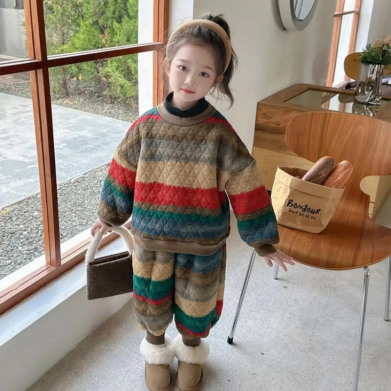 

Girl Thicken Pullover Two-Piece Set Tops Pants Autumn Winter Sportswear Child Versatile Kawaii Keep Warm Fashion Casual Clothing