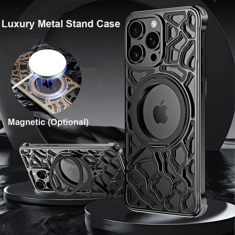 Luxury Metal Cloud Rock Hollow out for iPhone 16 15 Pro Max Case cover Cooling Shockproof Capas Stand for Magsafe charge Funda