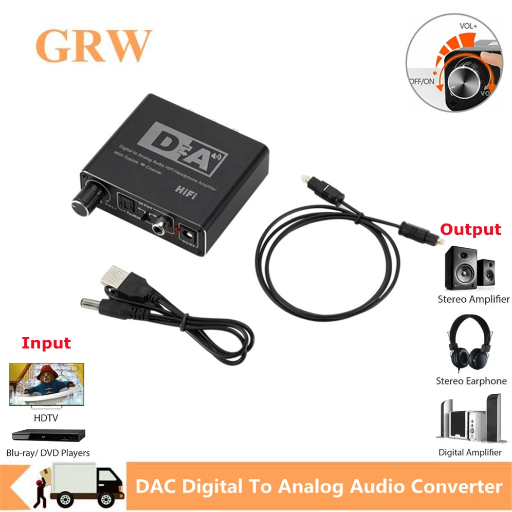 Grwibeou DAC HIFI  Amplifier Digital to Analog Audio Converter Decoder 3.5mm AUX RCA Adapter Toslink Optical Coaxial Output