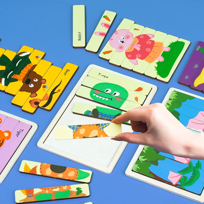 Puzzle in legno con striscia bifacciale per animali dei cartoni animati Gioco di puzzle Montessori per bambini Giocattoli educativi per bambini