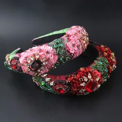 Red Baroque Fashion Flower Headband Luxury Temperament Sponge Crystal Rhinestones Headband For Women Accessories Wedding 971