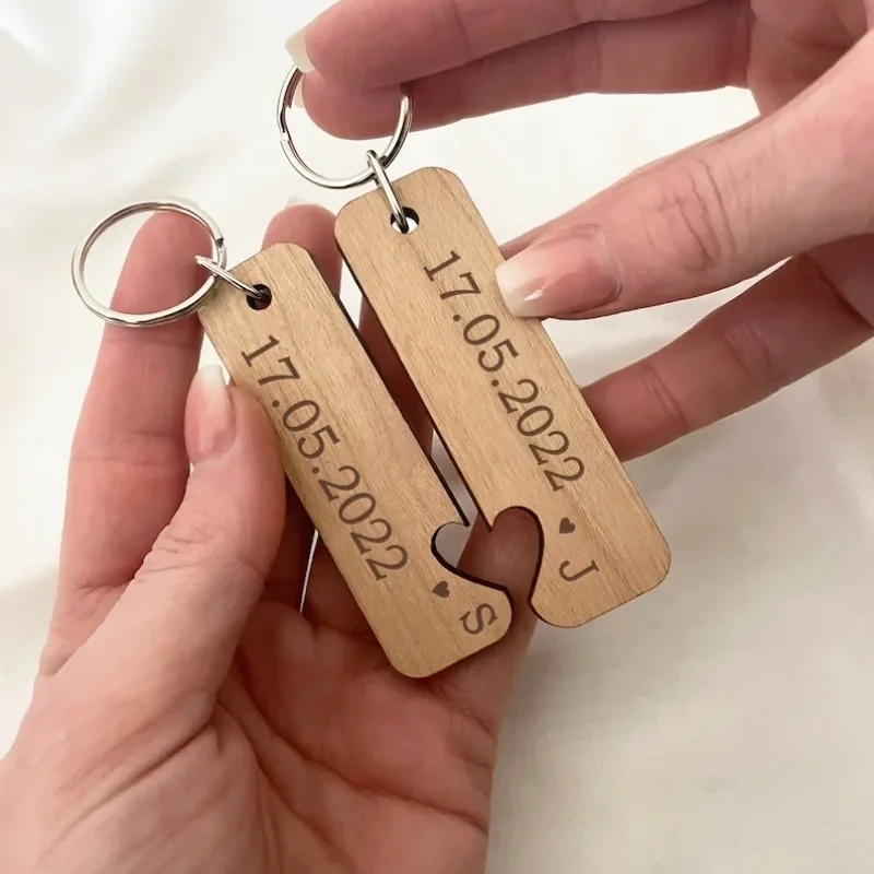 

2PCS Free Custom Engraving Wooden Keychain Special Date Anniversary Gift Personalized for Couples Key Holder Lover's Memorial