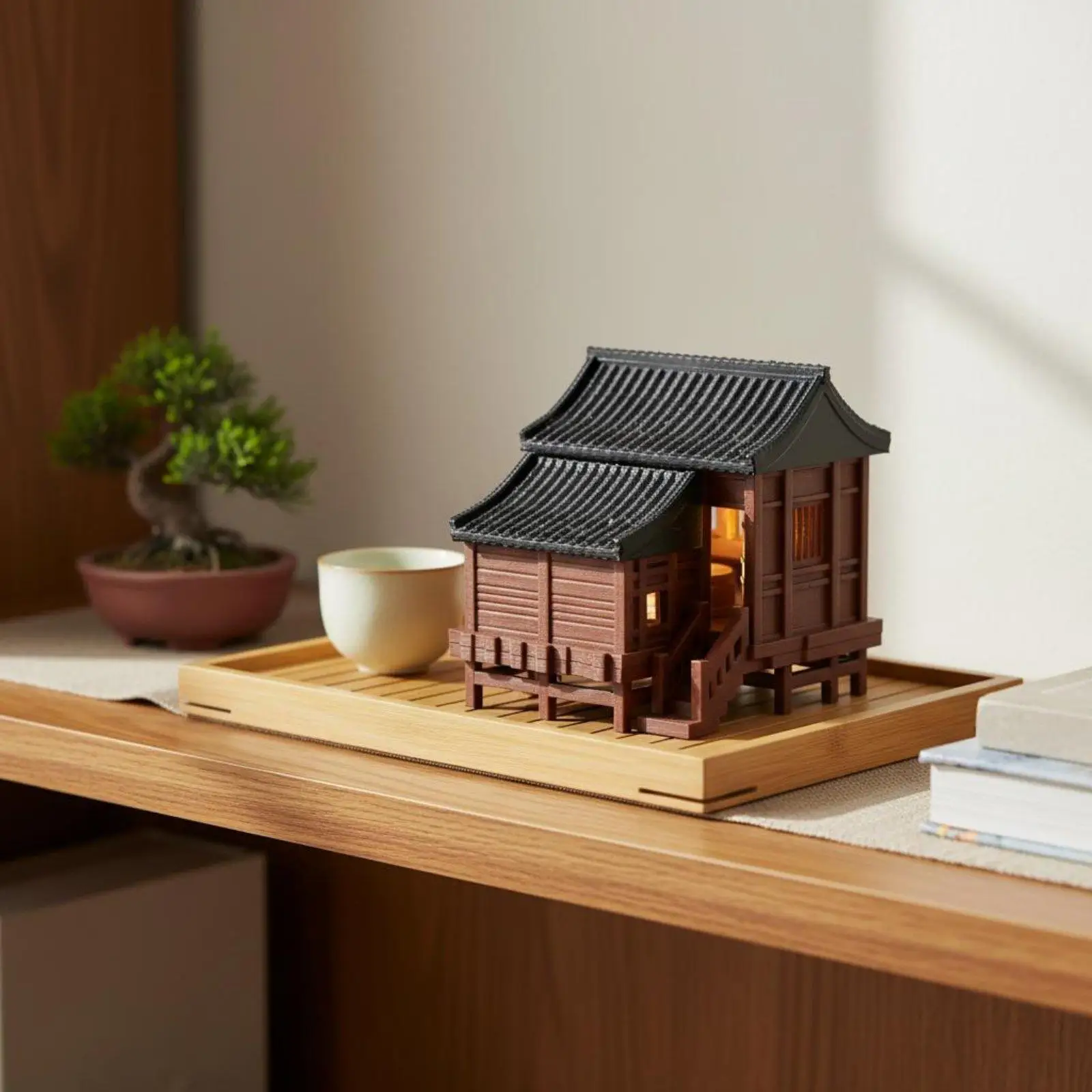 Micro Landscape House Ancient Architecture LED Light Up Mini Scene Bonsai Decoration for Study Room Aquarium Display