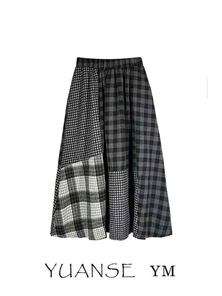 

Artistic Woolen Plaid A-Line Skirt Women's Autumn Winter Bla Versatile Ele Skirts Elastic Waist Design