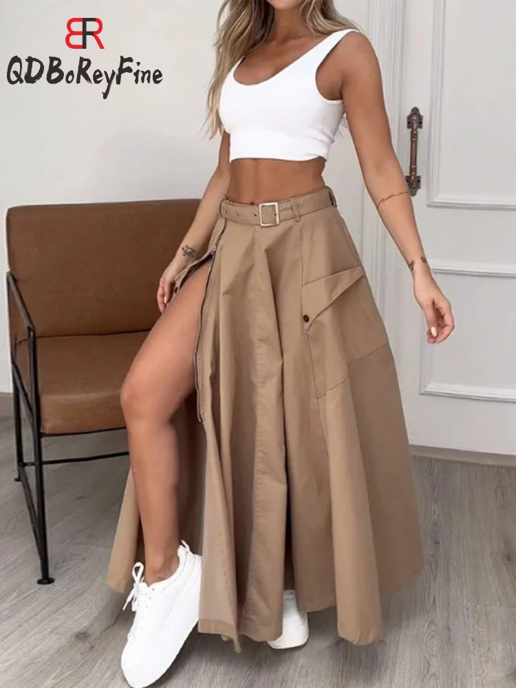 

Summer Women Skirts Elegant Zipper Fly A-Line Skirts with Belt Vintage Sexy Slit Fashion Casual Black Maxi Long Skirts for Women