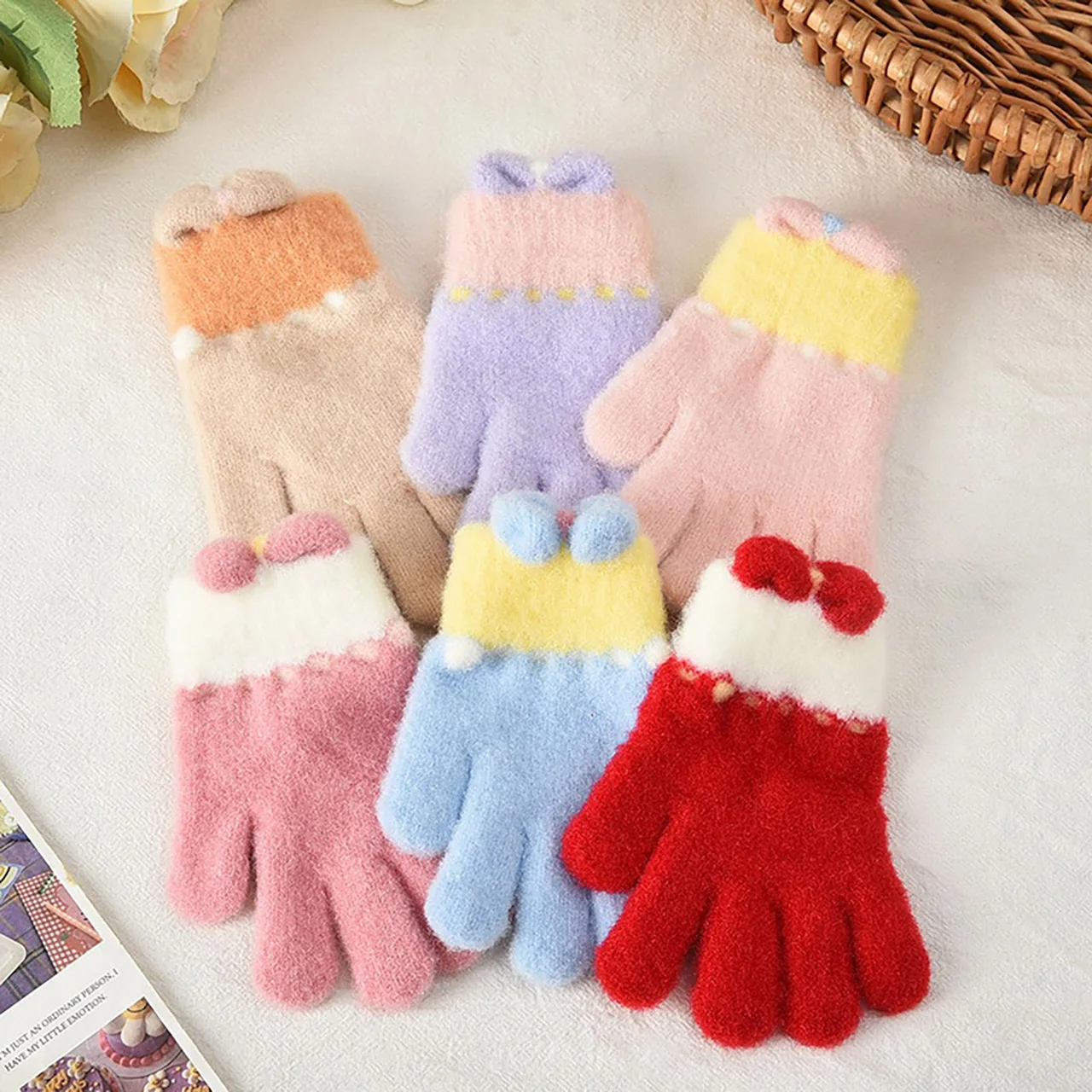 겨울용 따뜻한 핑크 리본 소녀 장갑 어린이 니트 리본 장갑 아기 손난로 어린이 5-10세 분리형 손가락 장갑