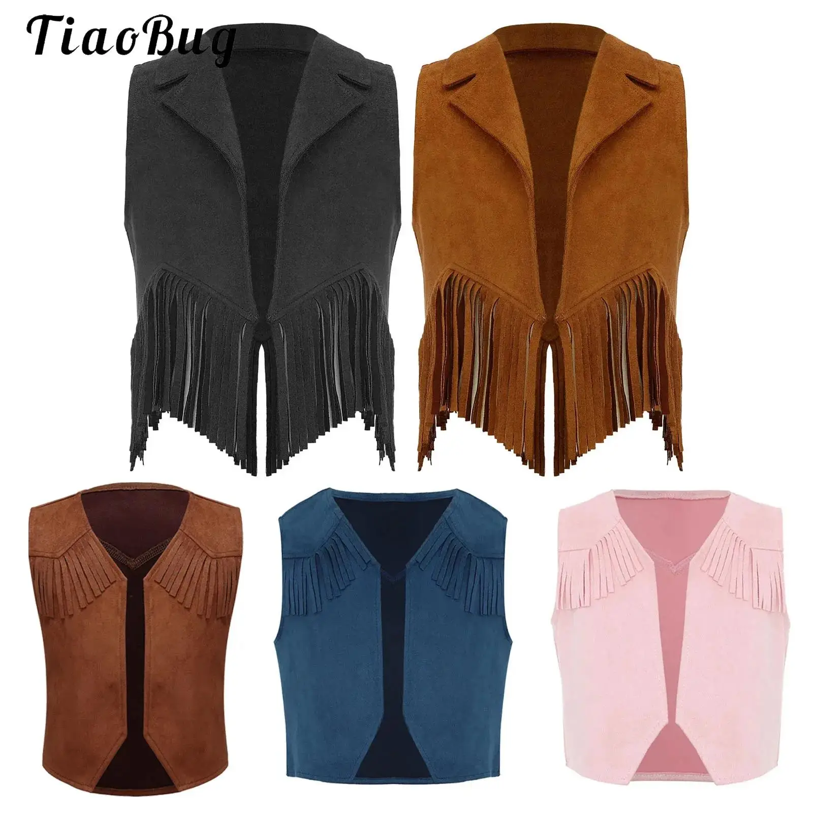 Western Cowboy Cowgirl Vest Waistcoat for Kids Boys Girls Halloween Cosplay Costume Suede Tassel Open Front Coat Jacket Tops