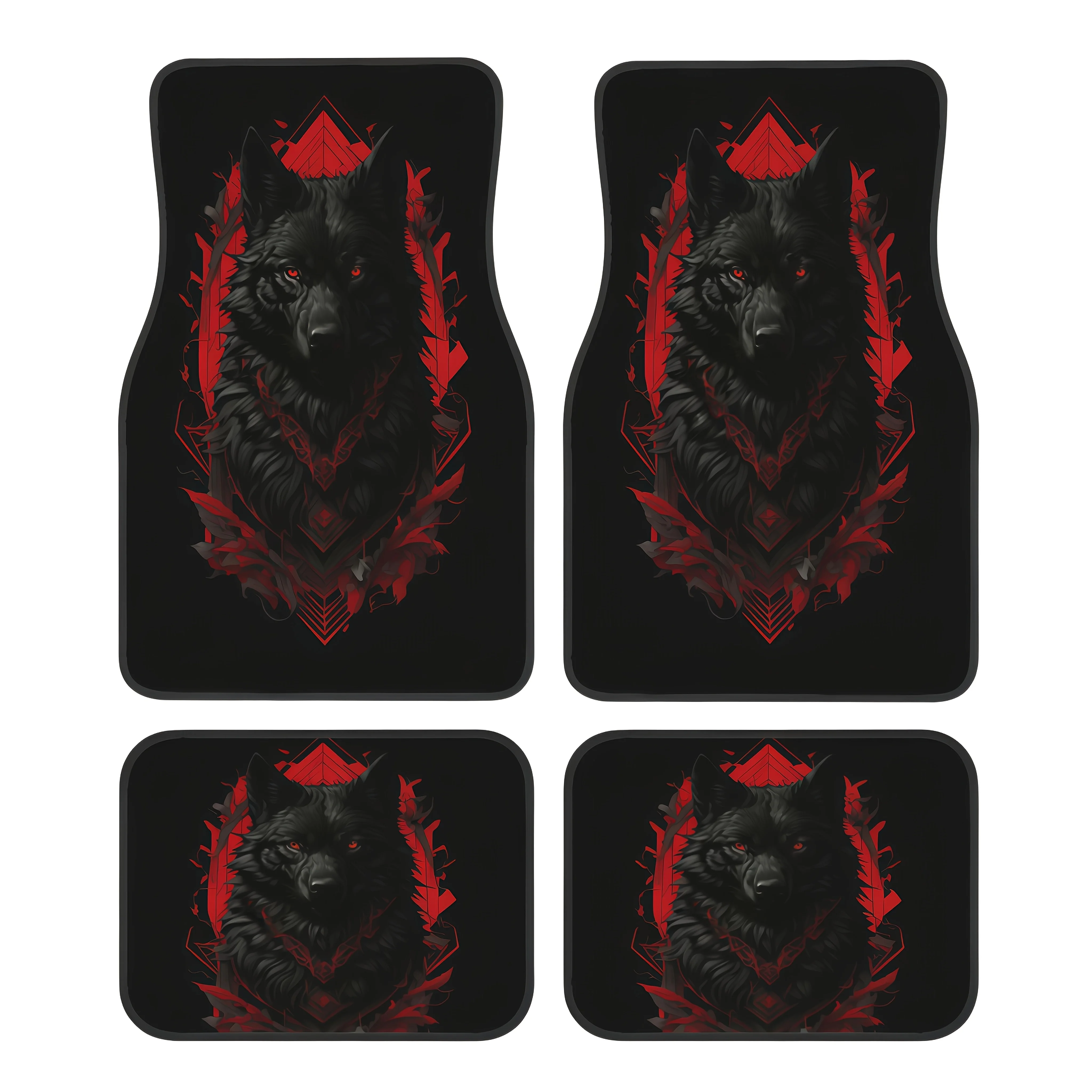 4pcs Black Wolf King Printed  Mats For Sedans, SUVs, And All Models  Front And Rear Seat Carpet - Holiday Gift