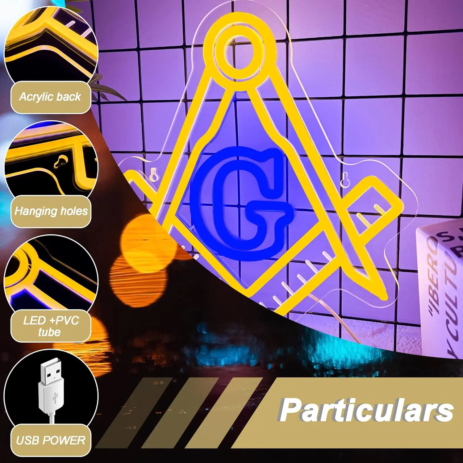 Masonic Neon Sign LED Neon Light Symbolic Decor for Brotherhood Historical Wall Game Room Study Man Cave Wall Decor Gifts