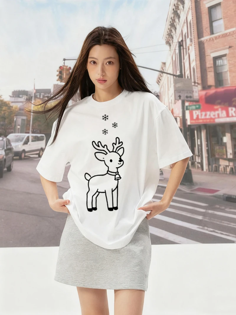 

Женская свободная белая футболка с короткими рукавами и рисунком оленя, модная одежда на весну и лето