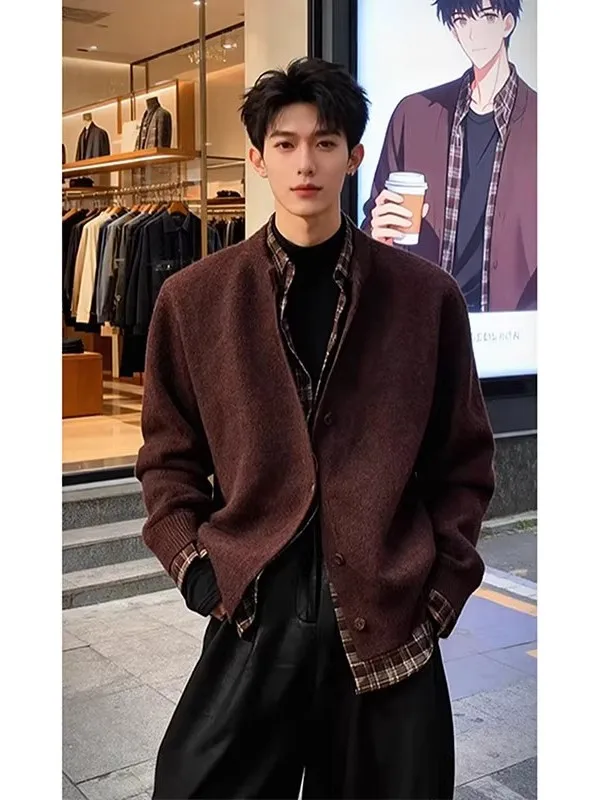 

Men's Knitted Patchwork Plaid Sweater Casual Sle Long Sve Open Cardigan Outerwear Polyester Fiber BaoRui Fall Winter