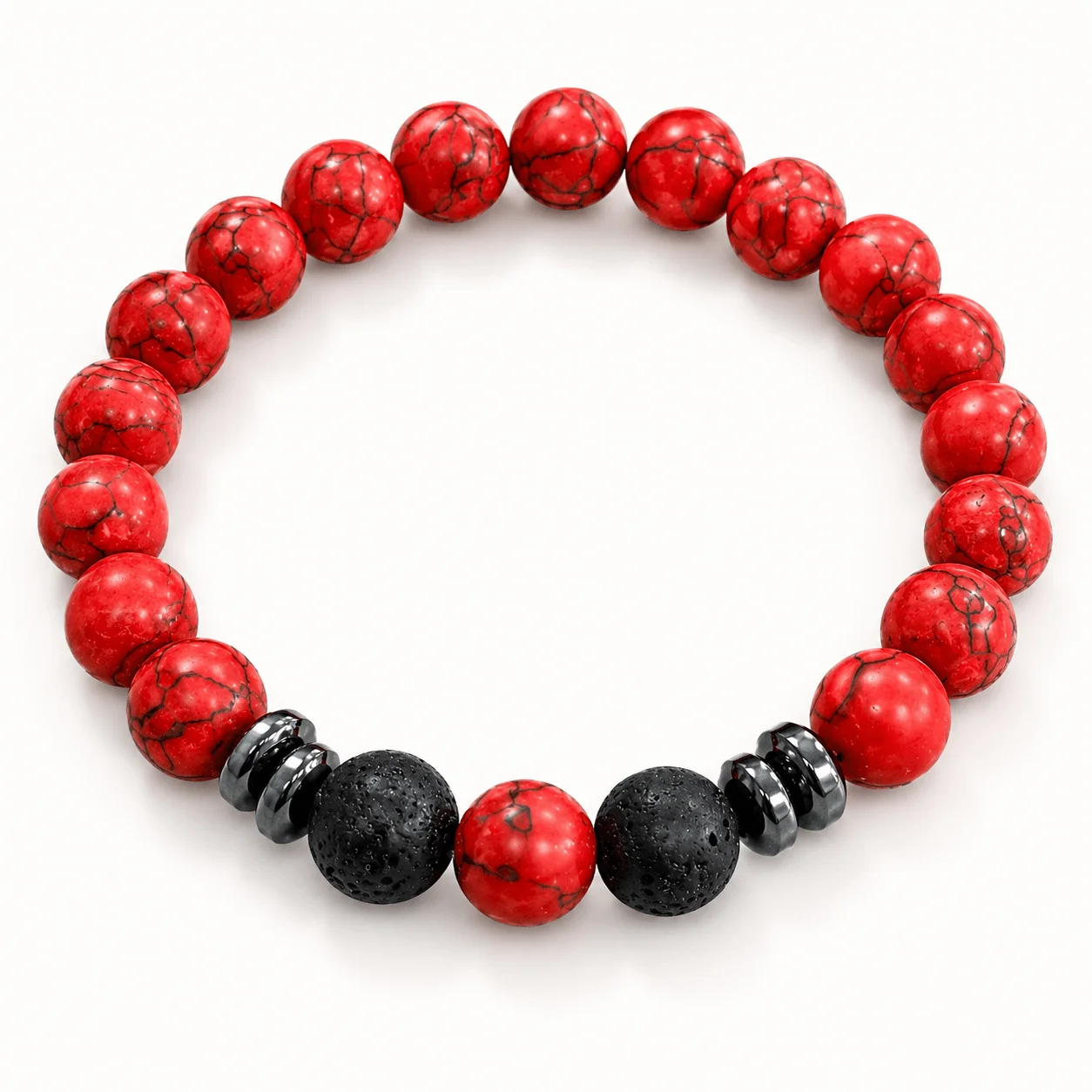 A Red and Black Bracelet—Combining Beads with Red Stone-Like Textures and a Matte Black Finish—Making It an Ideal Gift Choice.