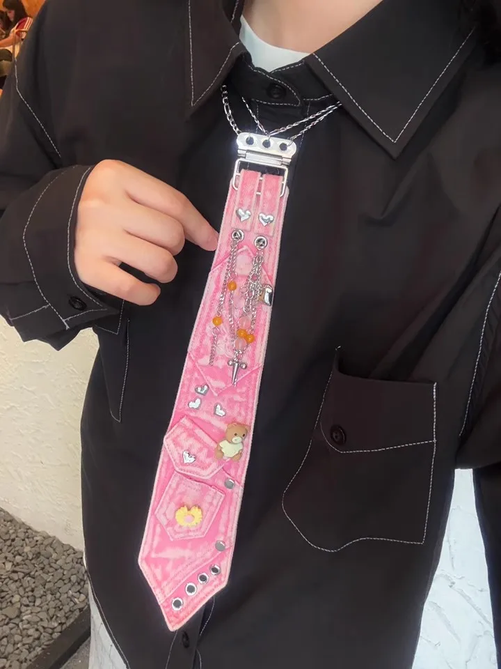 Uomo Donna Designer Rosa Denim Catena di metallo Punk Cravatte senza nodo per camicia Ragazzo Ragazze Performance Cravatta TB286