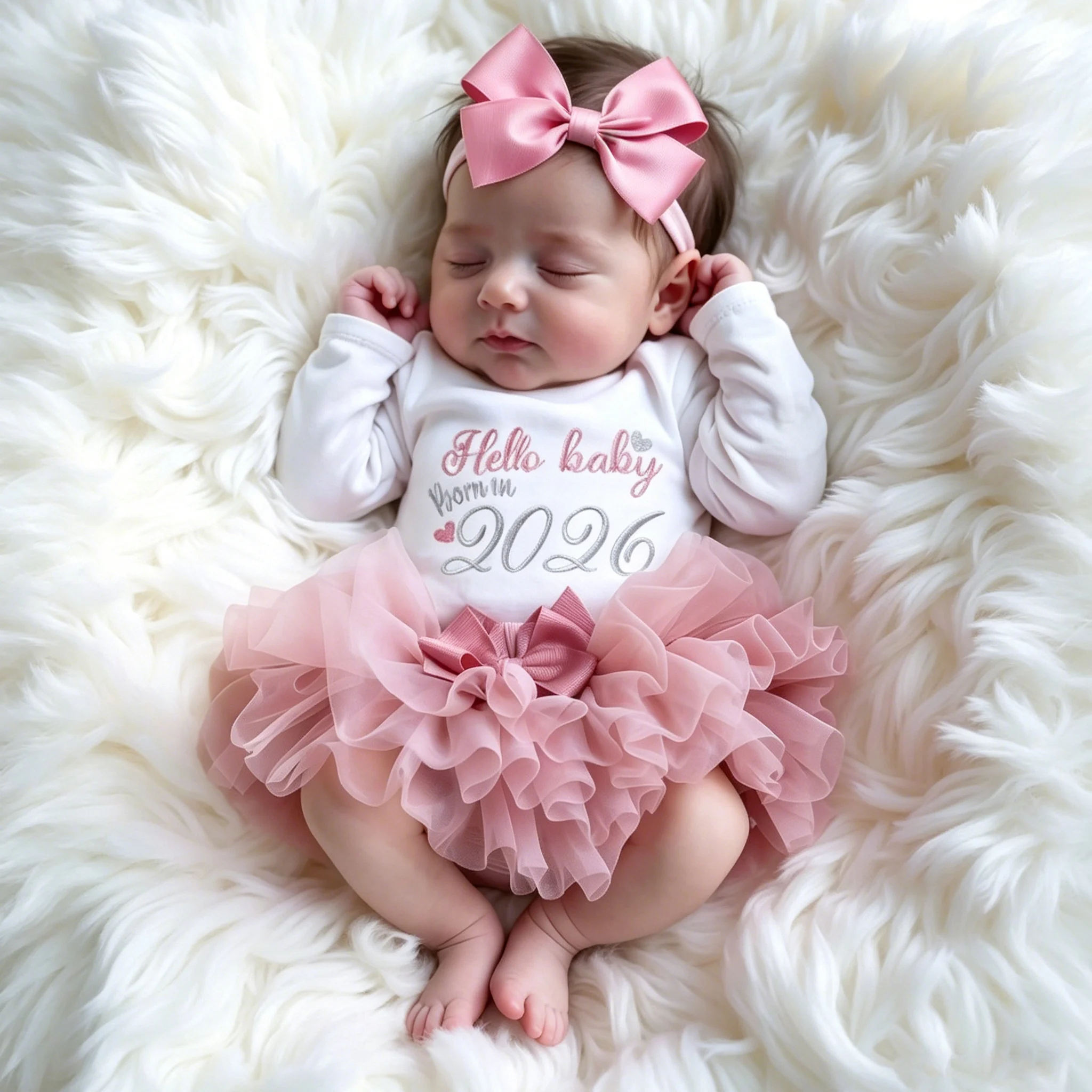 2026New Summer Newborn Photography Outfit Sets Infant Baby Girls Letter Print Romper Pink Tulle Skirt Headband Photo Props-HD
