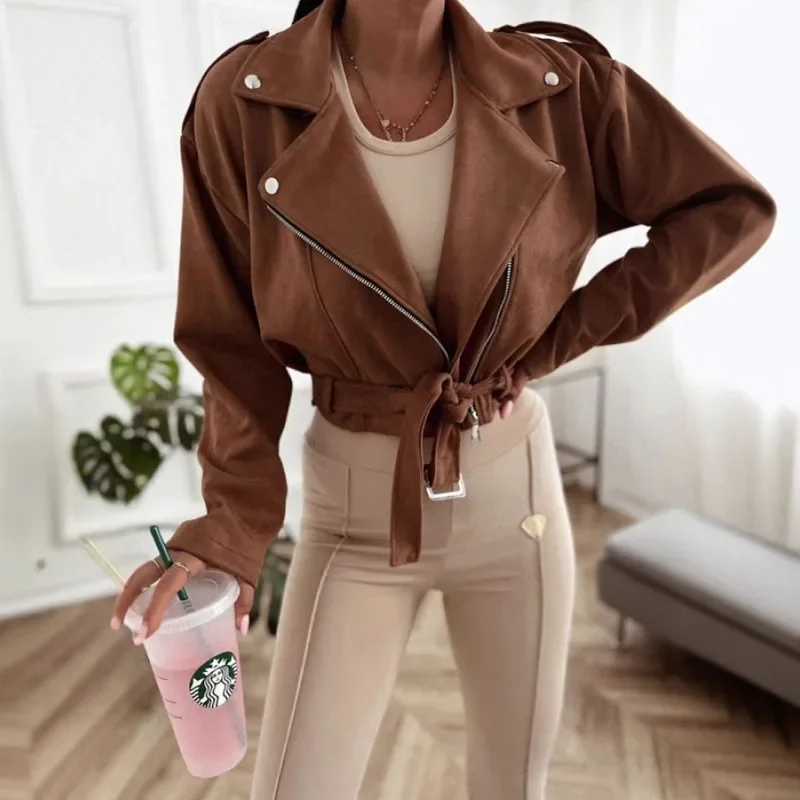 Autunno Inverno Elegante Colletto con risvolto Giacche solide Moda donna Cerniera Con lacci in vita Cappotto corto Casual Manica lunga Cappotto sottile