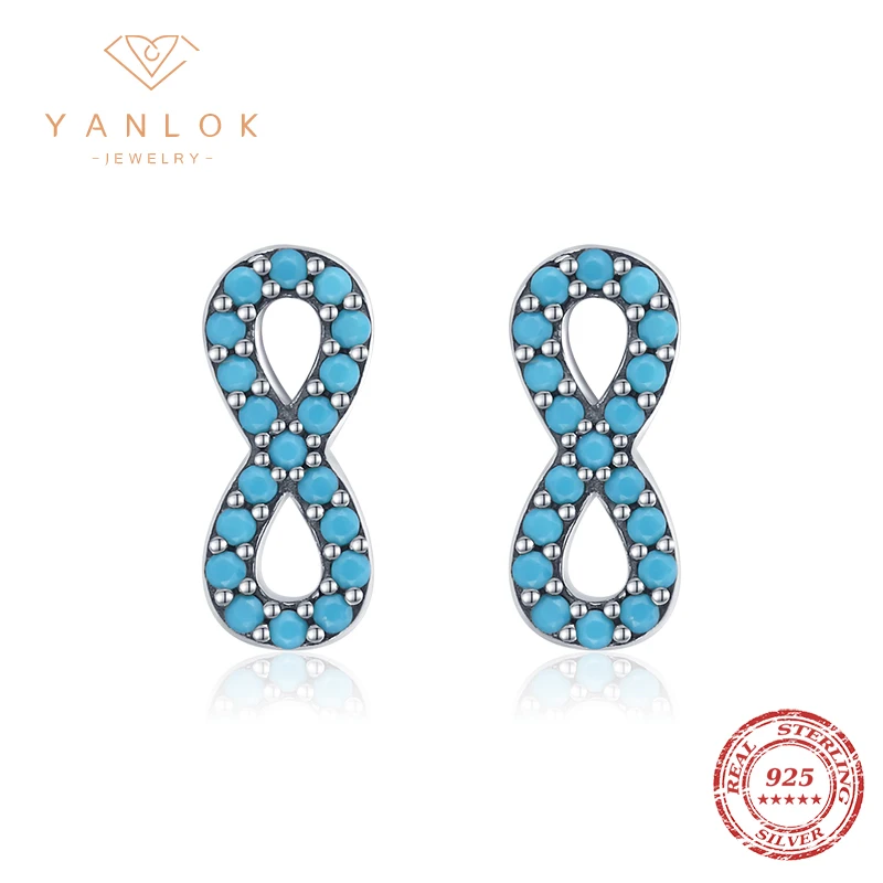 YANLOK 925 Sterling Silver Natural Turquoise Ear stud Earrings for Women Simple Fashion Romantic Infinite Love Jewelry Gift