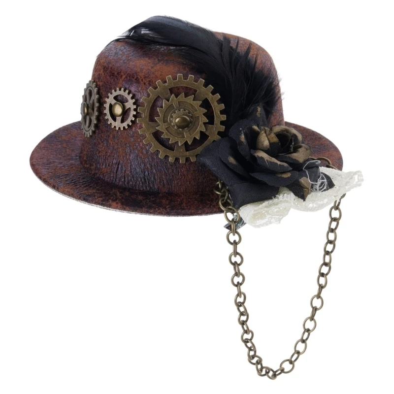 Frauen Halloween Gothic Mini Top Hut Steampunk Getriebe Kette Feder Blume Fascinator Haar Clip Viktorianischen Cosplay Kostüm – Detail 5
