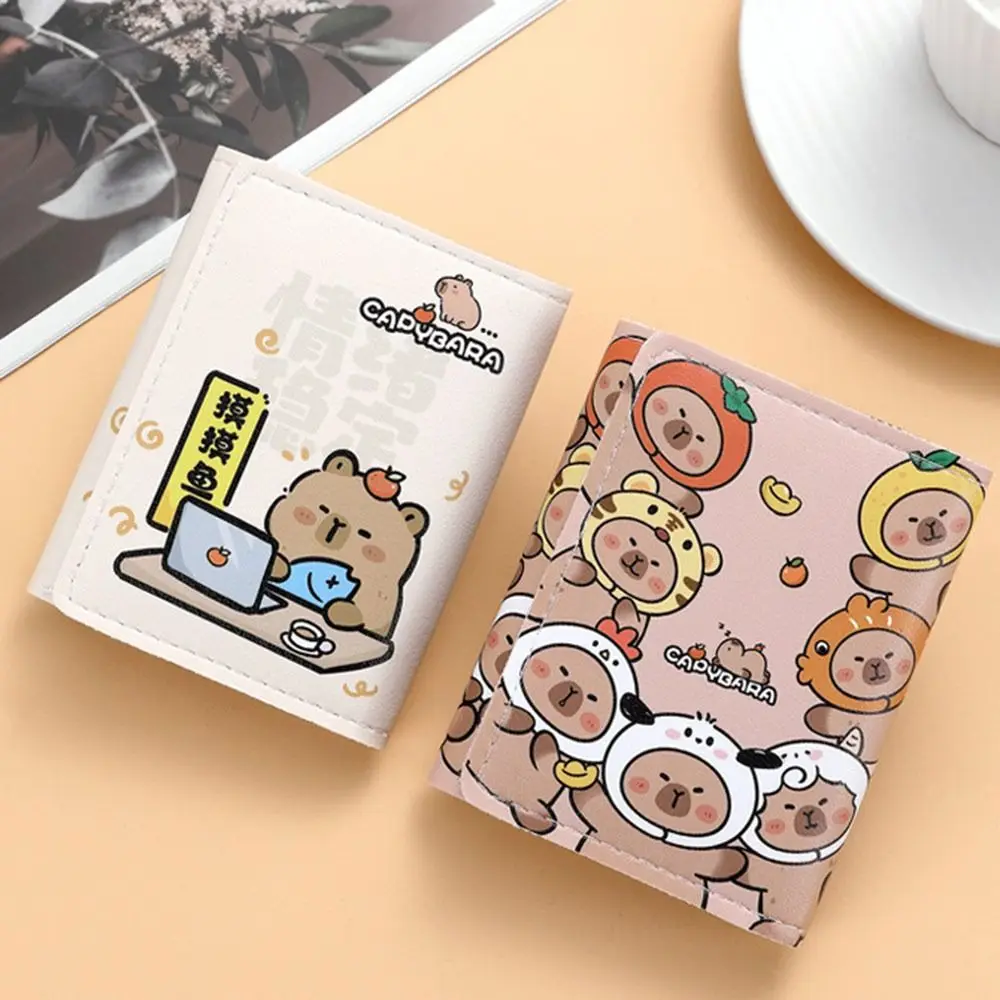 Portable Foldable Cartoon Capybara Purse Lightweight PU Leather Coin Purse Multi-Pocket Storage Card Bag Women Girls