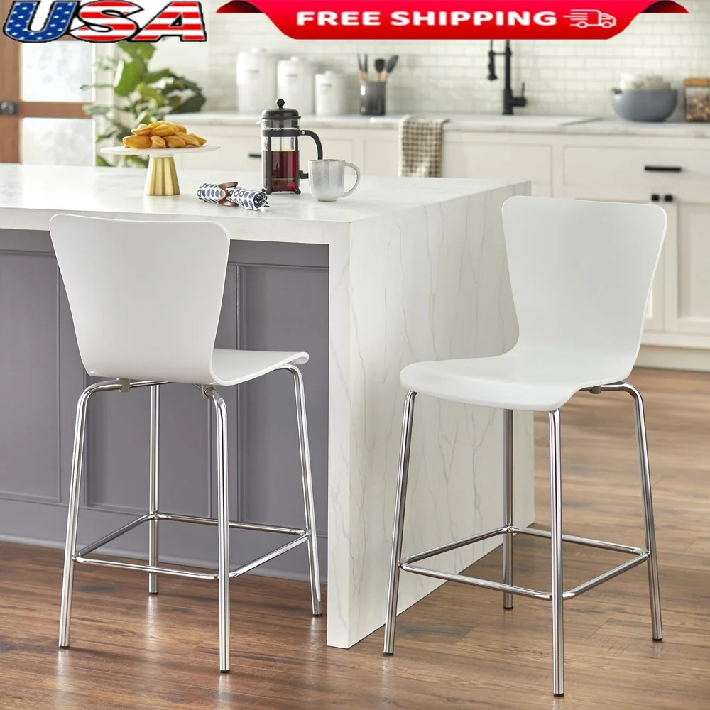 Set of 2 Modern Bentwood Stools with Chrome Legs Retro Design 24 Inch Height Comfortable Dining Kitchen Bar Furniture