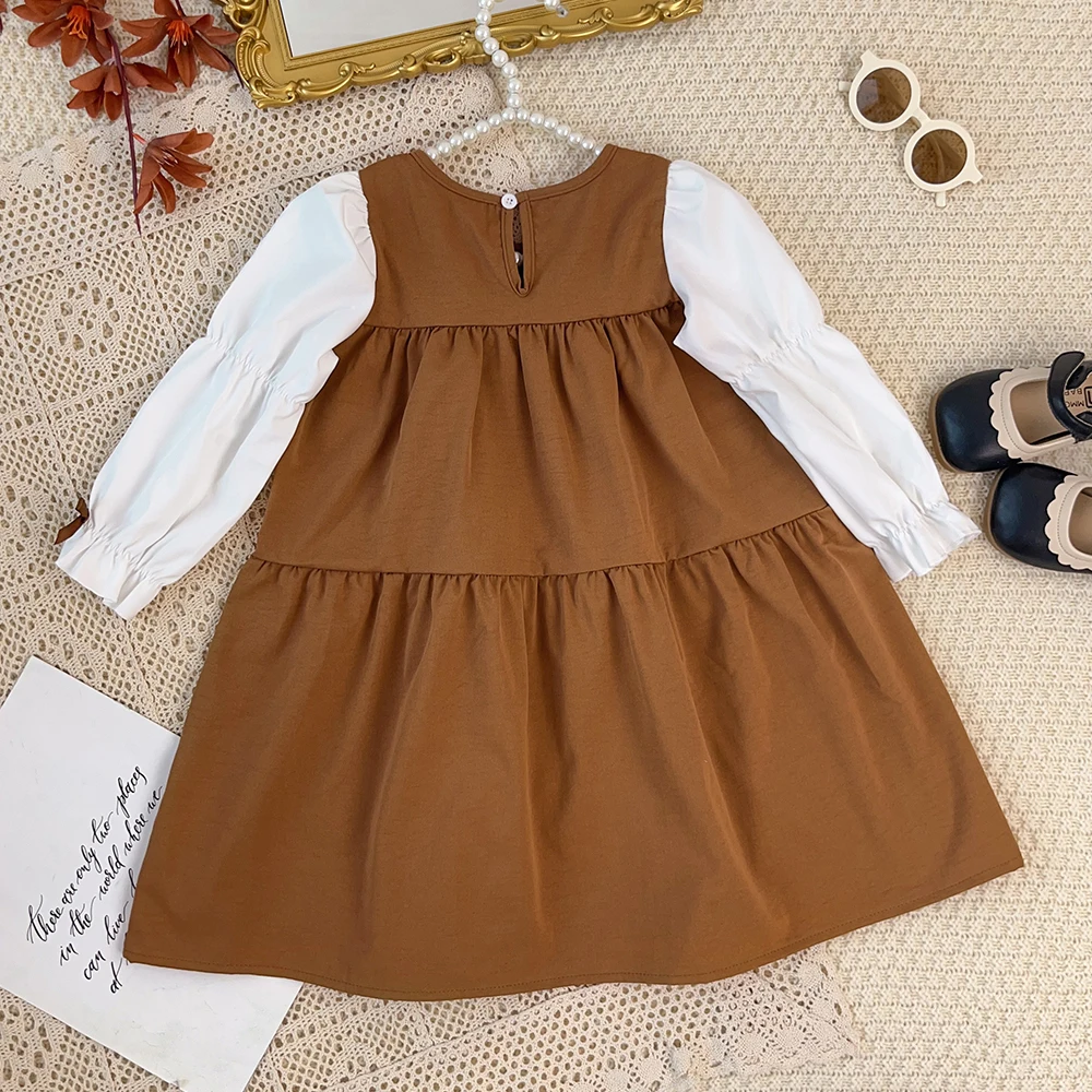 Korean Version Round Neck Long Sleeved Butterfly Tie Color Blocked Casual Dress for Girls Aged 3-7 Daily Wear