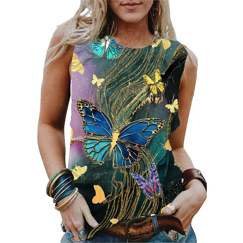 Zomer Bloem Vlinder 3d Print Tank Tops Vrouwen Streetwear Mode Oversized O-hals Vest Off Shoulder Mouwloze Vrouw Hemd