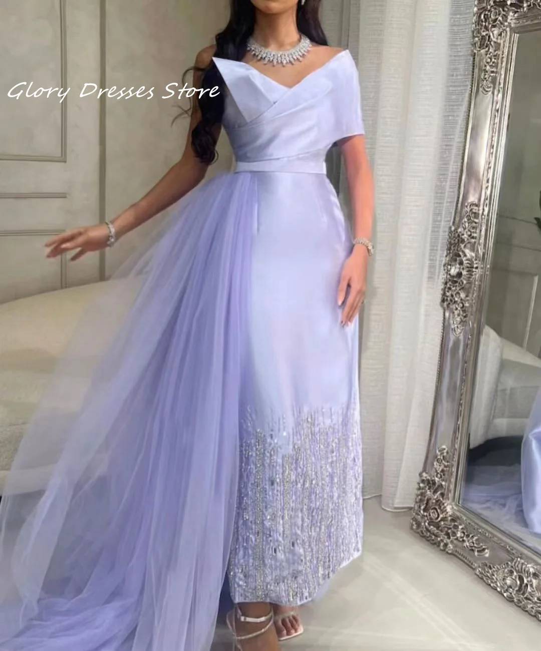 

Luxury Evening Dresses One-Shoulder Arabia Sparkly Elegant Prom Dresses Beads Tulle Removable Tail Formal Party Dress Wedding