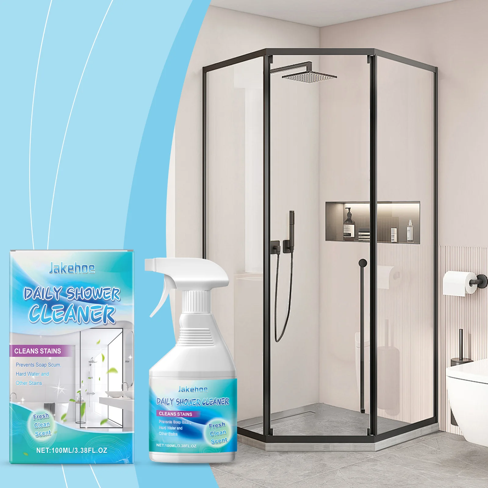 Jakehoe Daily Shower Cleaner No-Rinse, No-Scrub, Daily Spray for Glass, Tile, Grout, Fresh Clean Scent
