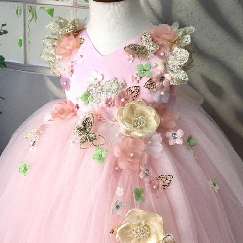 Eid Kids Clothing Gown FloralTulle Dress 3D Applique Lolita Girls Princess Costume First Birthday Flower Girl Wedding Puffy
