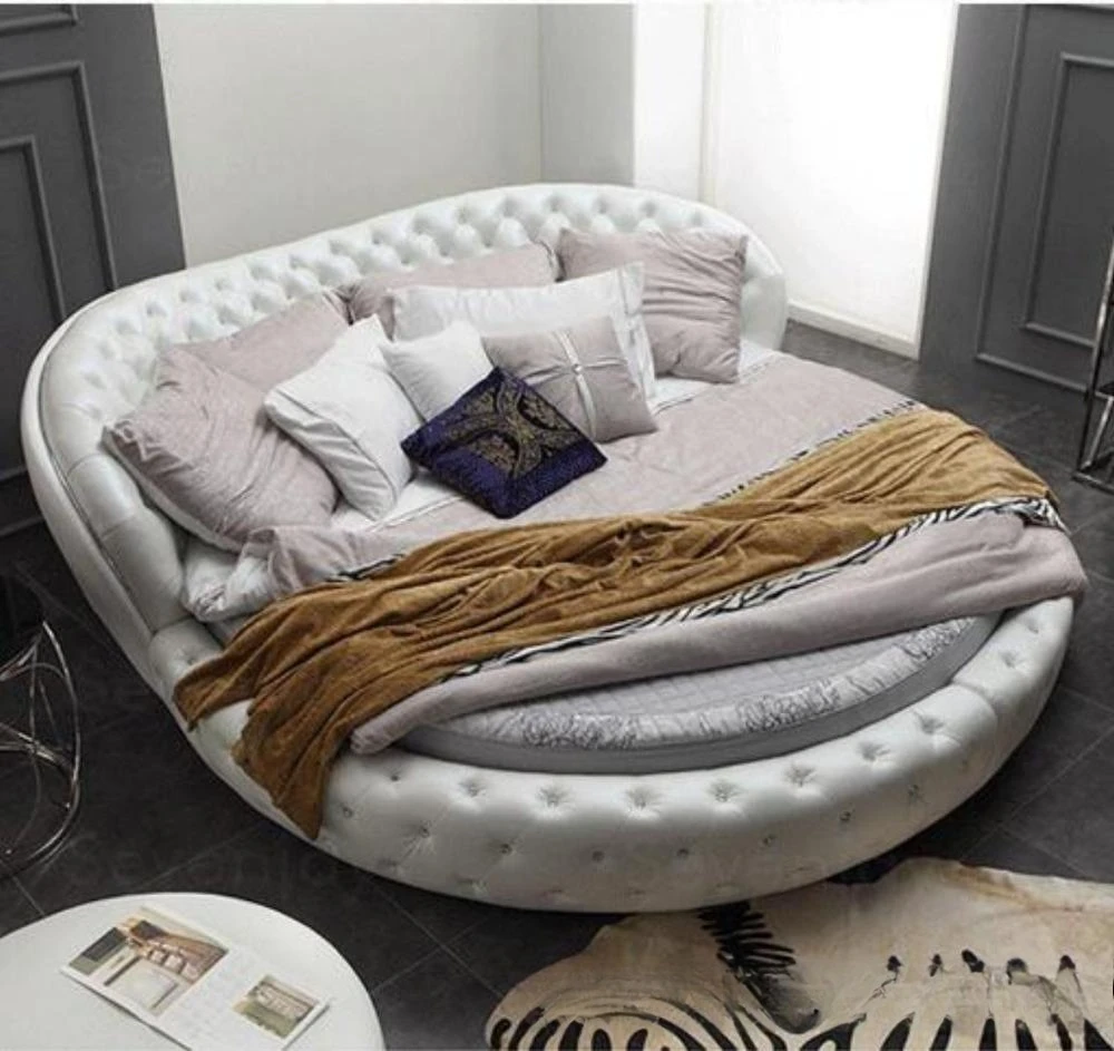

Классическая европейская большая круглая двуспальная кровать из воловьей кожи, двойная свадебная ромбовидная пряжка, простая кожаная кровать, кожаная круглая кровать