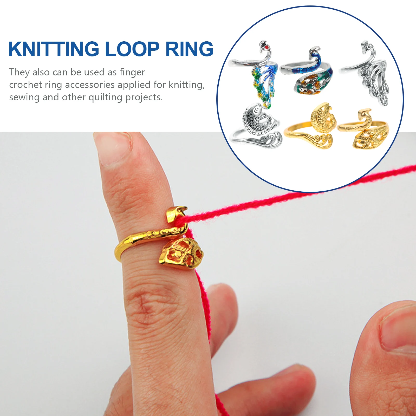 

6Pcs Vintage Peacock Crochet Ring Adjustable Knitting Loop Ring Portable Yarn Guide Finger Holder Animal Pattern Alloy Knitting