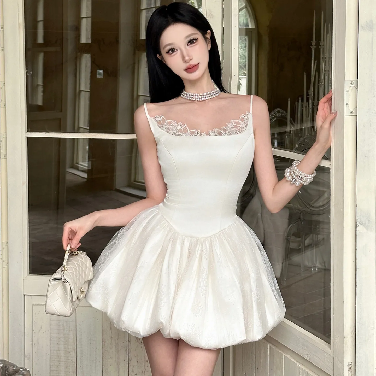 ballet-style-white-strapless-dress-women's-summer-small-size-waist-cinched-a-line-flower-bud-skirt-puffy-short-dress