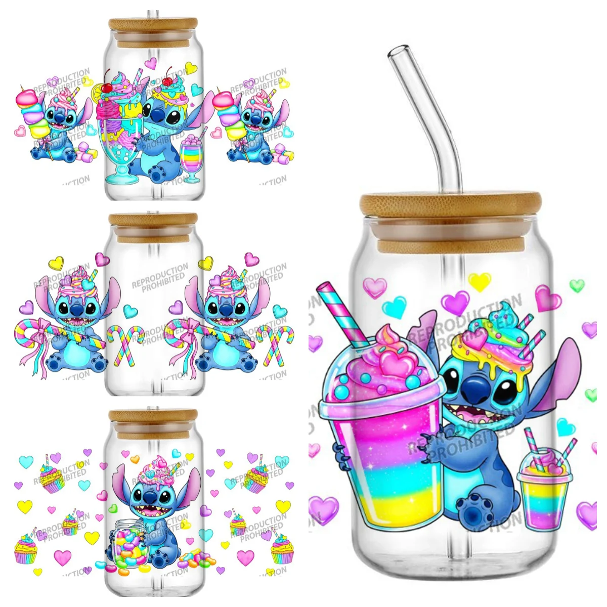 تصميم جديد الحلوى كعكة الحلوى غرزة UV DTF كأس يلتف ل 16 أوقية مقاوم للماء الأشعة فوق البنفسجية DTF نقل ملصق نظارات القدح لتقوم بها بنفسك ملصق التفاف