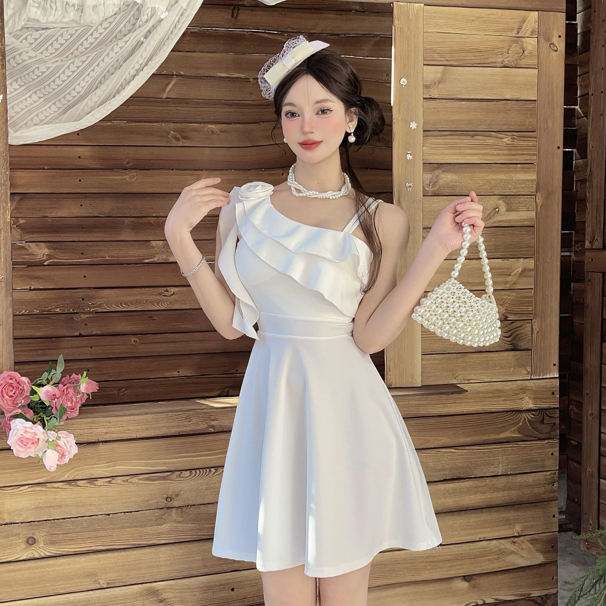 Low Cut Floral  ort Sve Base Layer One oulder Dr Commute Korean Sle High Waist Autumn Winter New Women's Dr