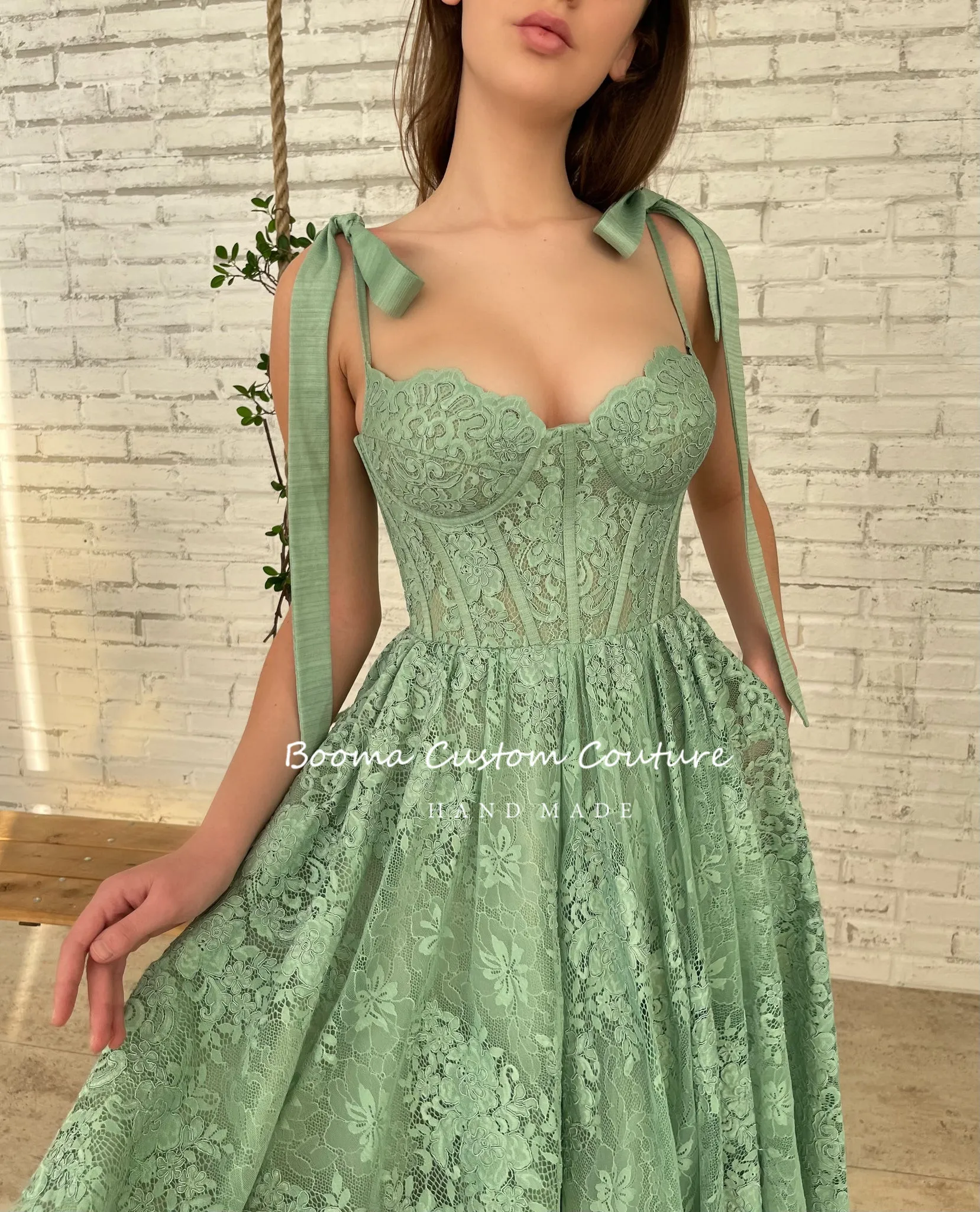 Booma Green Lace Midi Prom Dresses 2022 Sweetheart Bow Straps Corset Boning A-Line Wedding Party Dresses Open Back Formal Gowns