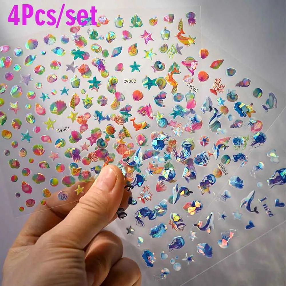 4/6Pcs Sea Shell Nail Sticker Ocean Starfish Conch Stars Jellyfish Nail Decals Summer Beach Self Adhesive Manicure Sliders