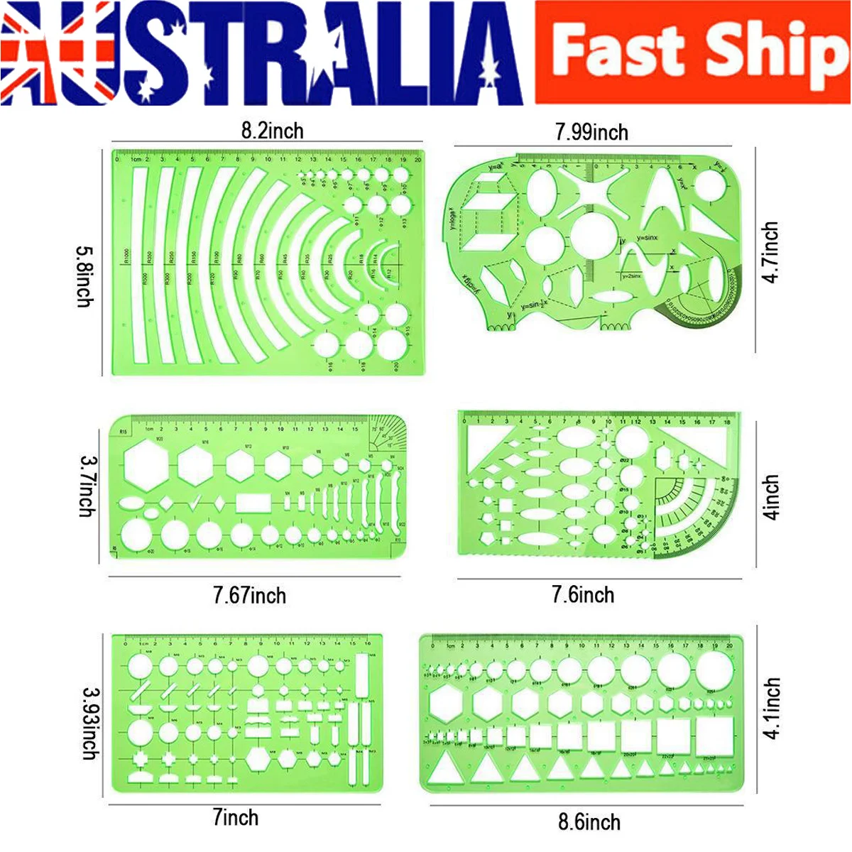 6Pcs Transparent Geometric Drawing Ruler Set Clear Green Plastic Stencil Templates for School Office Art Design Mechanical