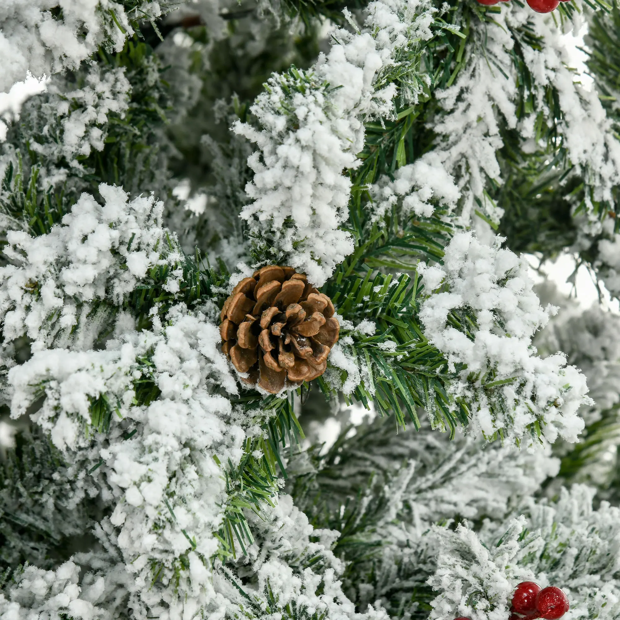 9' Sneeuw Kunstkerstboom met 1350 punt, dennenappel, rode bes, automatisch open