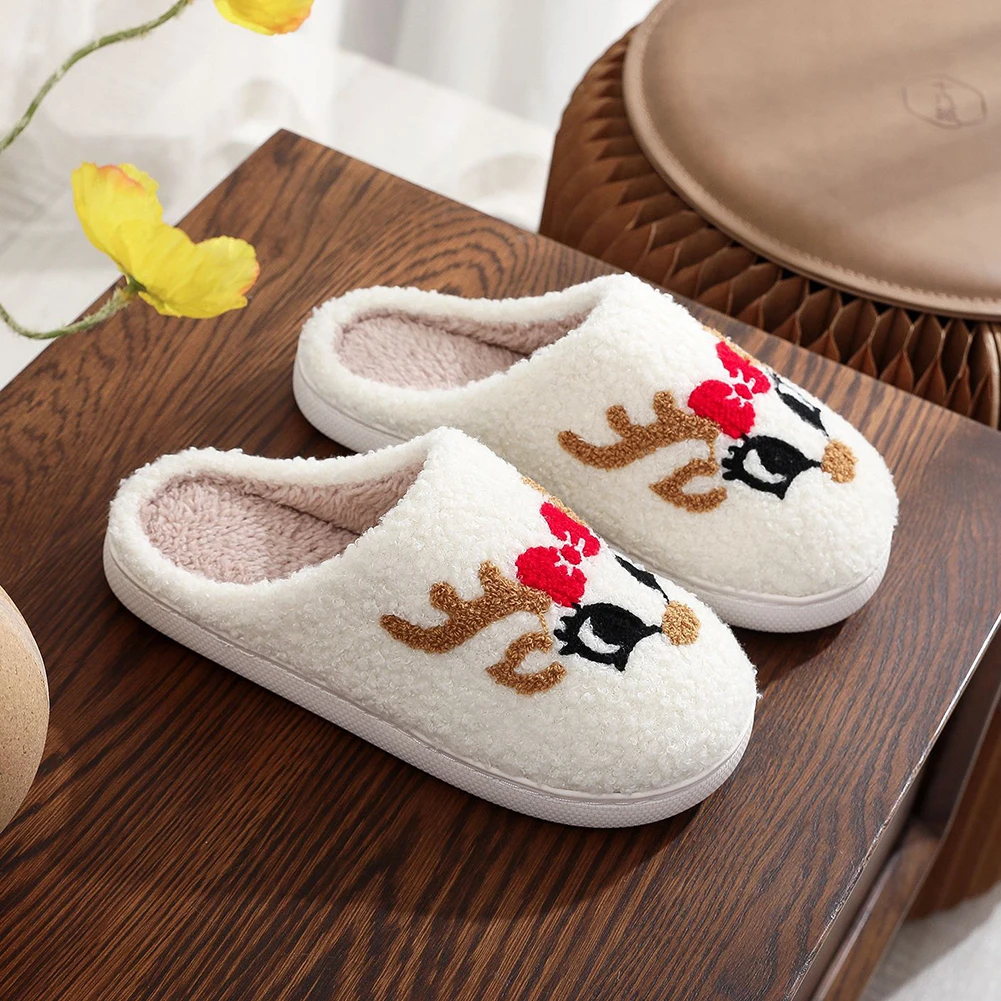 Reindeer Fuzzy Indoor Slippers Cozy Plush Closed Toe Slippers Cartoon Plush Slip-on House Shoes with Red Bow for Winter Indoor