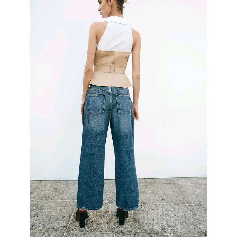 

Spring New Women's Faion Svel Collar Patchwork Belted Ne Hanging Design irt Viscose Polyester Fiber Zipper Closure