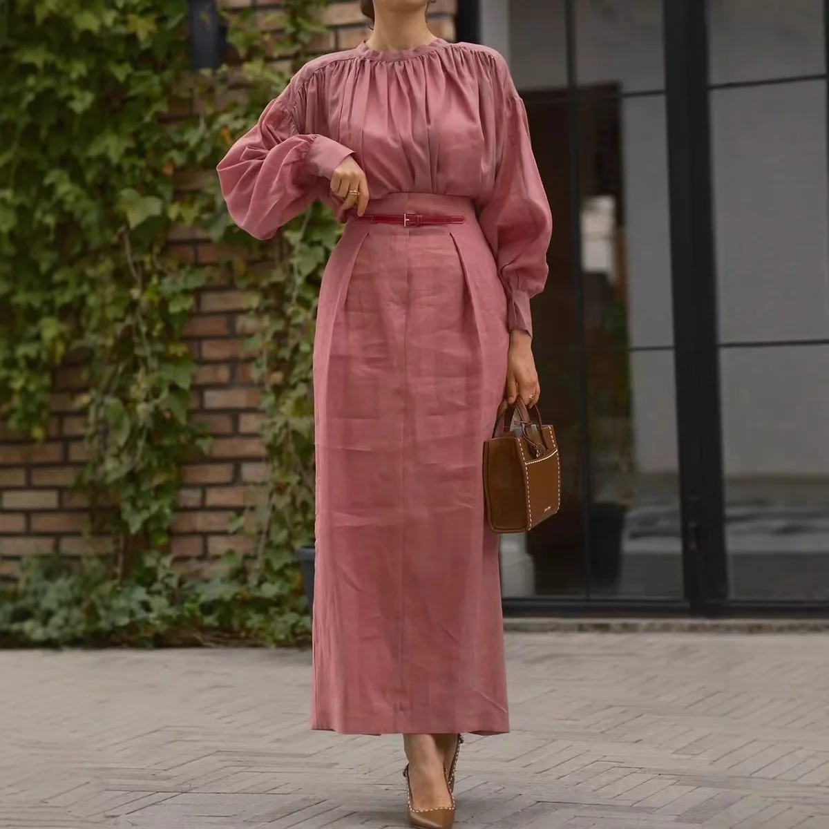 

2025 new fashion puff sleeve shirt + skirt two-piece sets women autumn casual solid color waist top and skirt suit for women