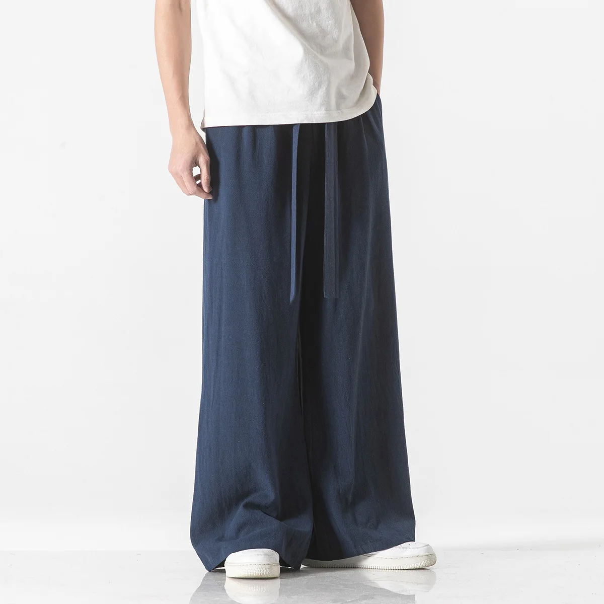 

Мужские летние брюки из хлопка и льна в этническом стиле, свободные штаны-кюлоты с широким низом