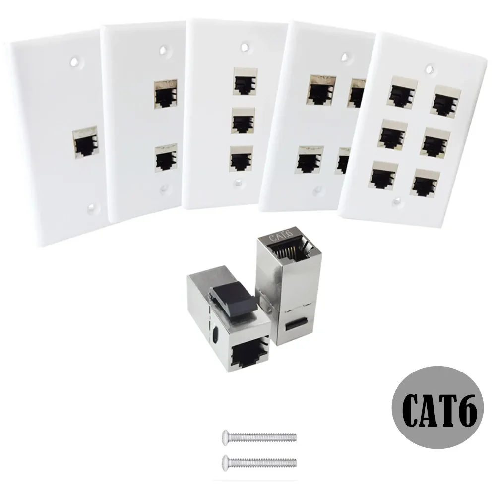 Ethernet Wall Plate, 1-6 Port Port CAT6 Keystone Female to Female Wall Plate-White Face Plate ABS;